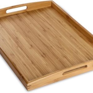 Bamboo Serving Tray with Handles, Dinner Food Tray for Bed Breakfast Eating and Serving, for Coffee Table  TV, Decorative Wood Large Charcuterie Platter 16.8 x 12.5 inch 1 Pack