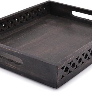 Serving Trays Mango Wood Rectangular Serving Tray, Wood Plate, Tea/Drink Platter, Dinner Serving Tray, Snack Tray (Black) (14" x 11" x 2")