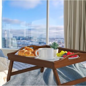2 Pack Bed Tray Table Breakfast Trays Serving Tray Bamboo Bed Laptap with Floding Legs Handles and Phone Holders